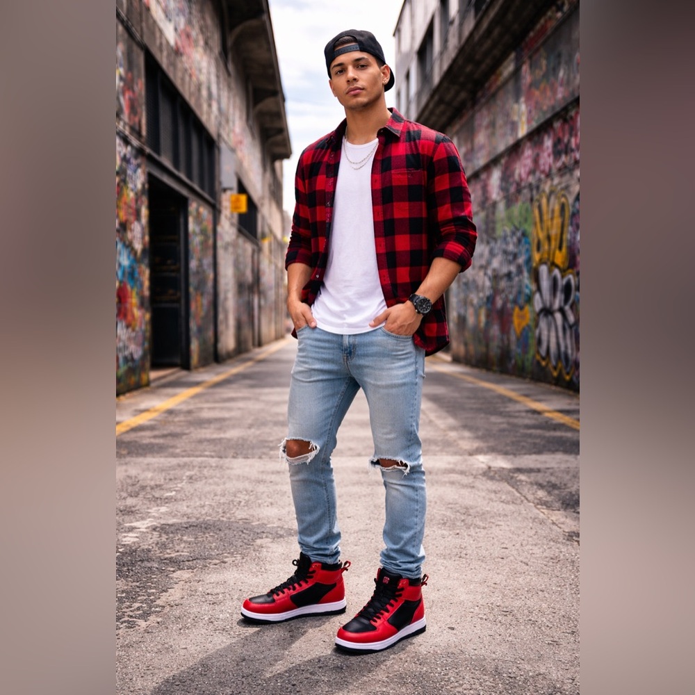 Menβs Red Black Sneakers Size 10.5 Streetwear Athletic Fashion NWT